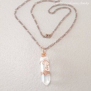 Clear Angel Aura Quartz Necklace - Handmade - Wire Wrapped - Copper Chain 22"